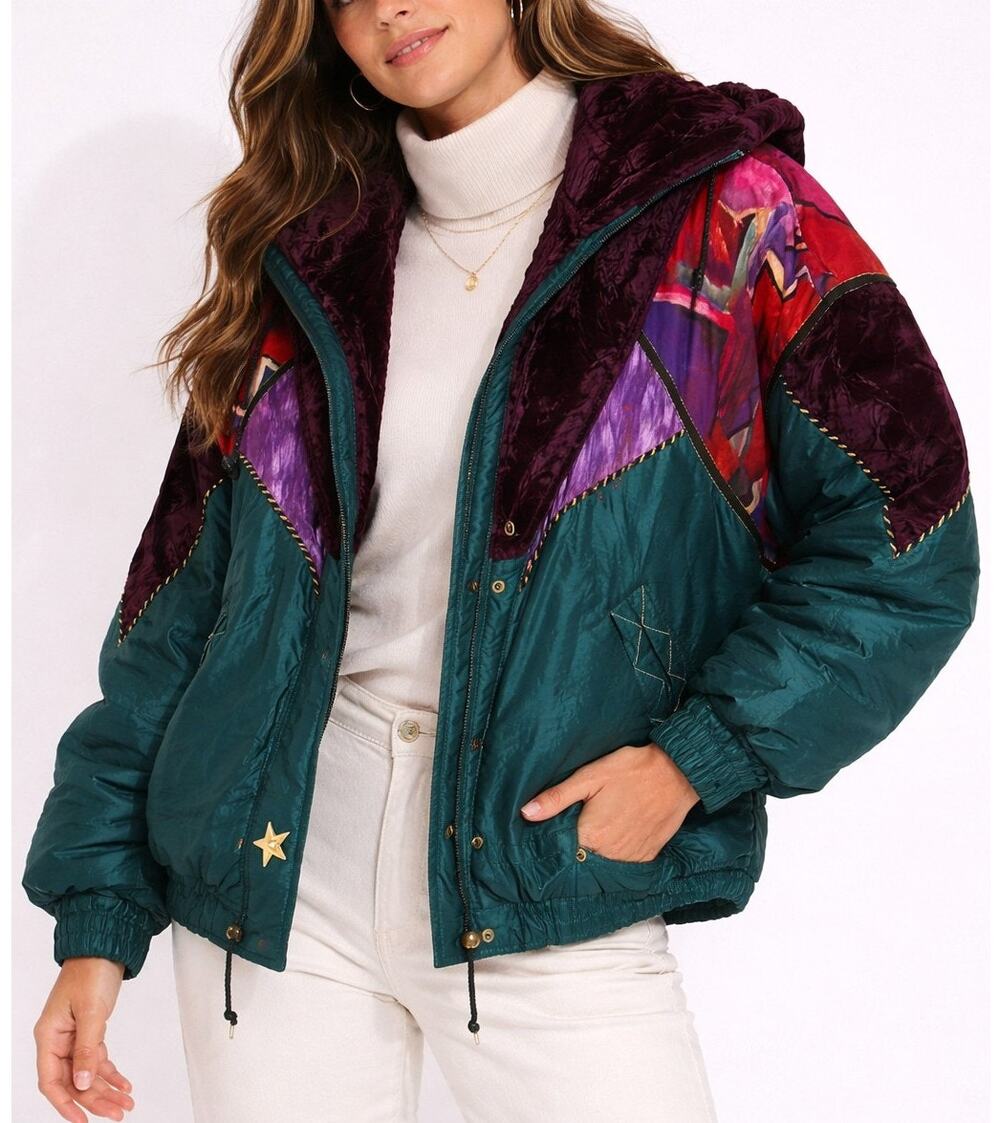 Vintage 90s Mulberry Street Patchwork Puffer Jacket L Green Y2K Retro Indie Art